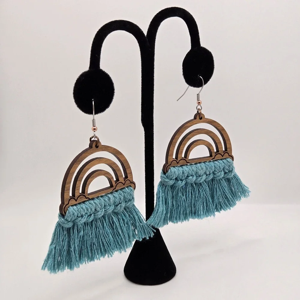 Tassel Earrings Turquoise Fringe Wood Dangle Southwestern Hippie Boho Maximalist
